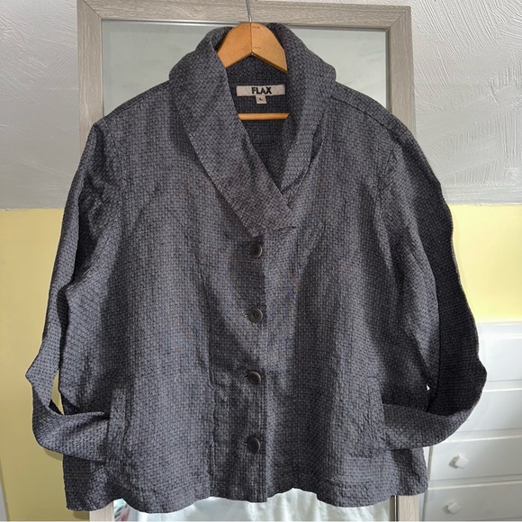 FLAX Linen Button Down Textured Dark Gray Jacket Lagenlook Blazer Pockets Large - Picture 3 of 13